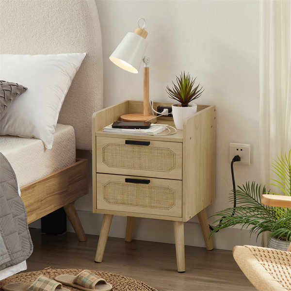 Bayou Breeze Bedside Table With Socket, Natural Handmade Rattan, Octagonal Rattan Drawer, Solid